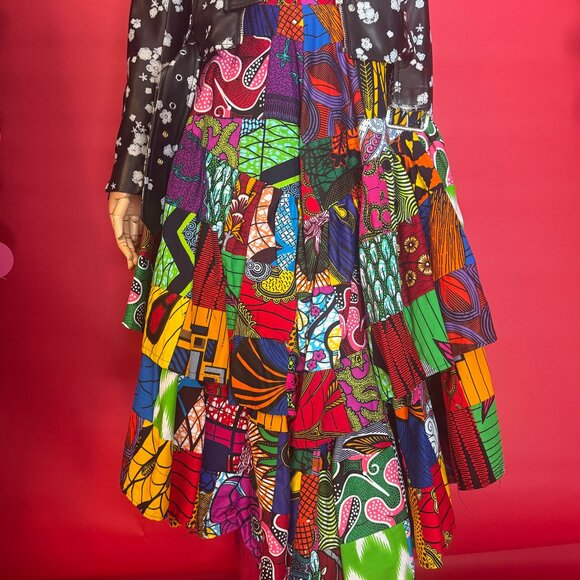 Vintage 90s African Ankara Patchwork Midi Skirt – Handmade, Size Small - Picture 3 of 12